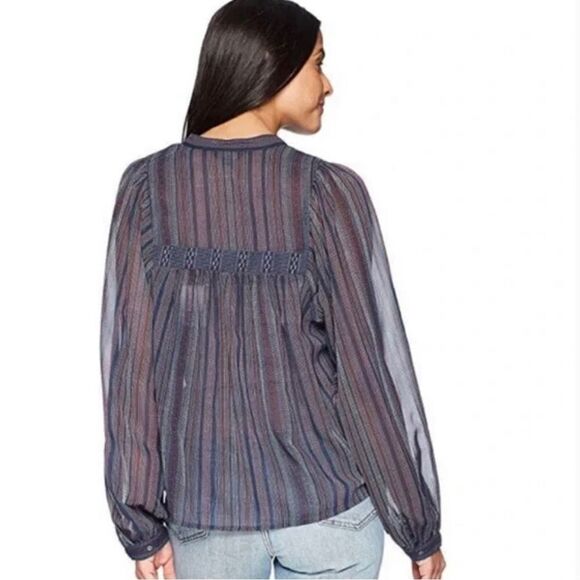 Lucky Brand Blue Striped Boho Balloon Sleeve Peasant Blouse - Picture 3 of 12